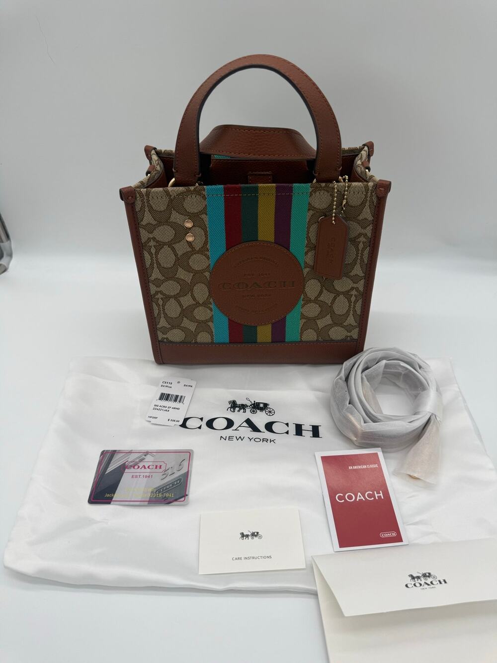 Coach Dempsey Tote 22 Signature Jacquard Canvas Rainbow Stripe Leather Bag C5119